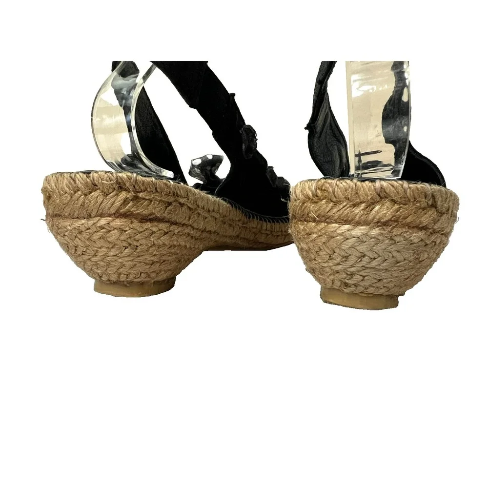 Eric Michael Paseart Espadrille Wedge Sandal Black Satiny Sling Back‎ SZ 10.5